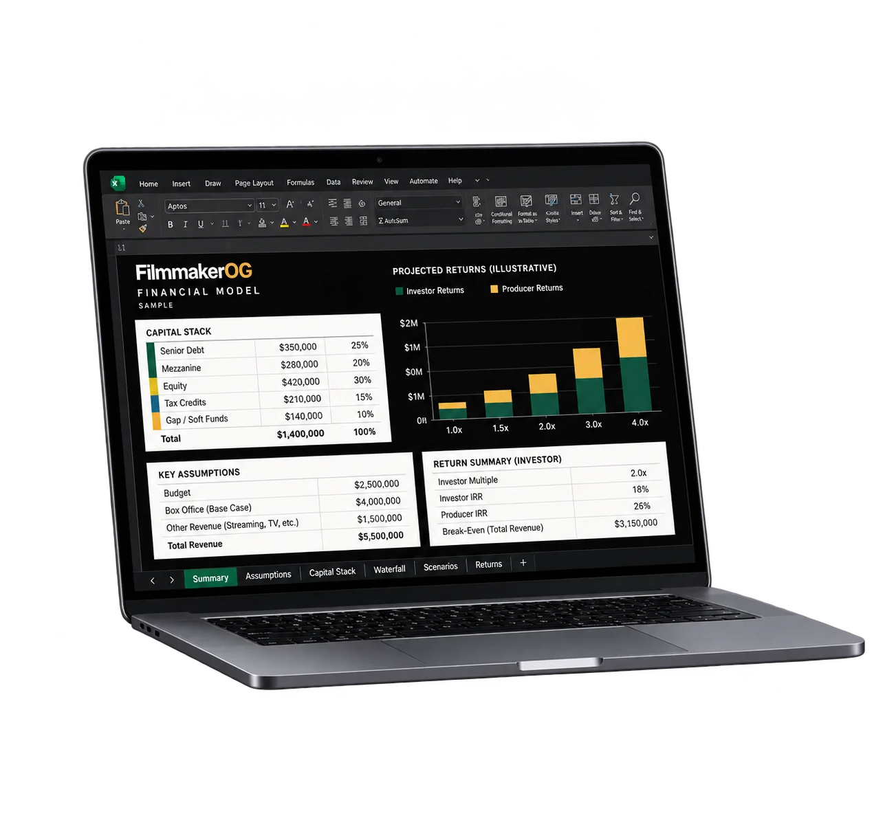 FilmmakerOG financial model open on a laptop